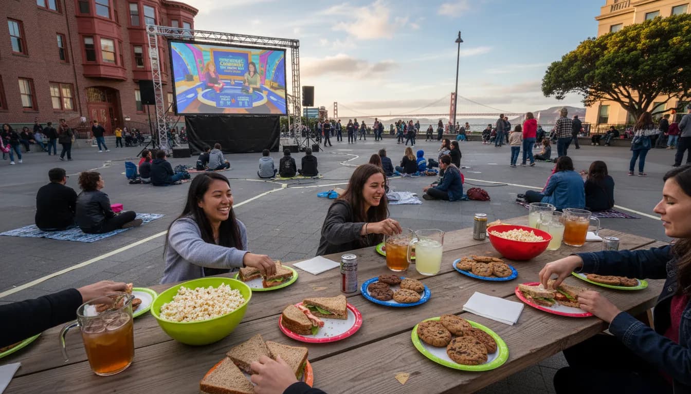 San Francisco Watch Parties: Gathering to Connect, Like Today with Jenna & Sheinelle — photorealistic San Francisco editorial scene