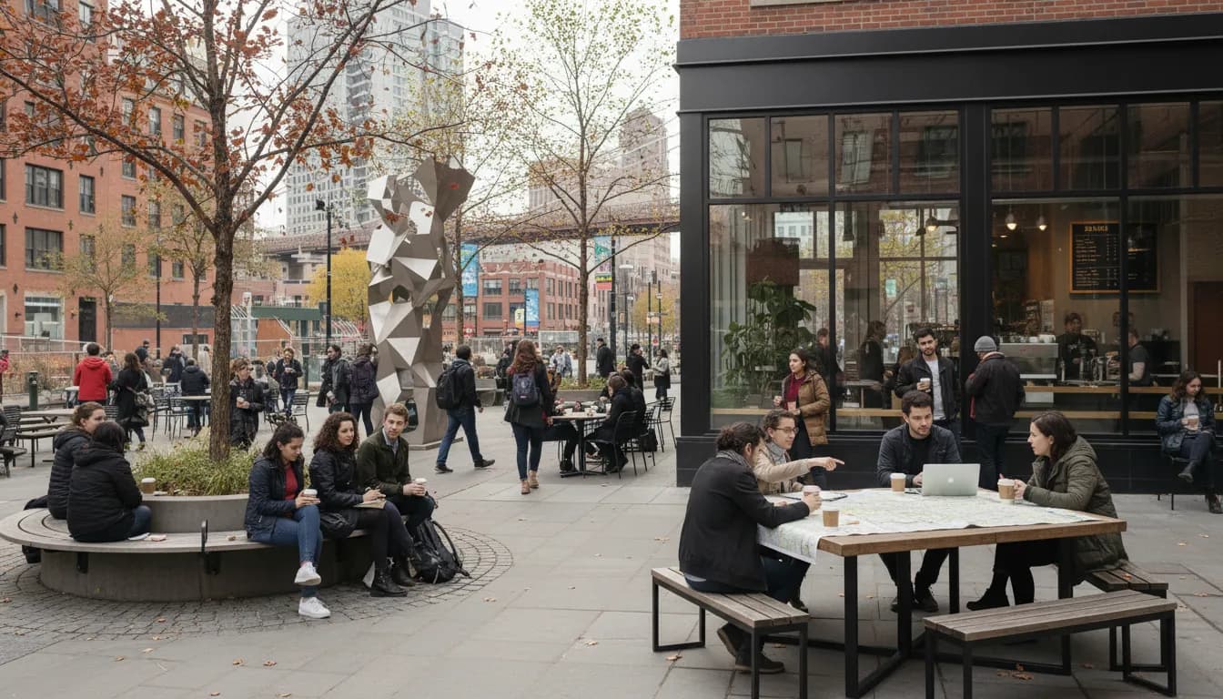NYC Planning & Coffee: Epic Connections in New York City's Sweet Spots — photorealistic New York City editorial scene