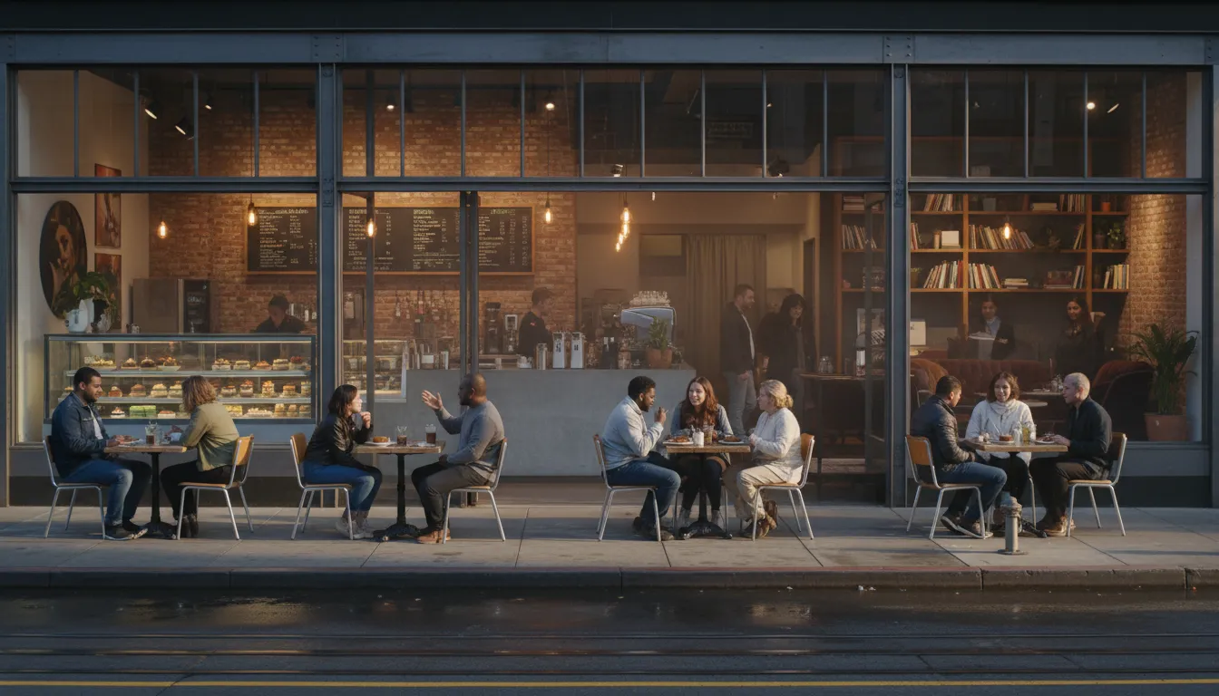 Practical city scene for Coffee & Dessert Spots Inspired by Stefon Diggs' Dynamic Style in San Francisco
