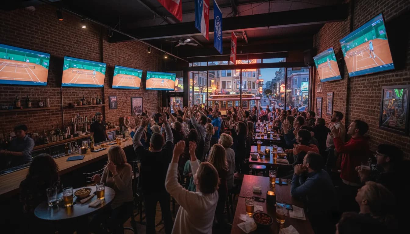 San Francisco Watch Parties: Channeling the Spirit of Arthur Fils' Rising Talent — photorealistic San Francisco editorial scene
