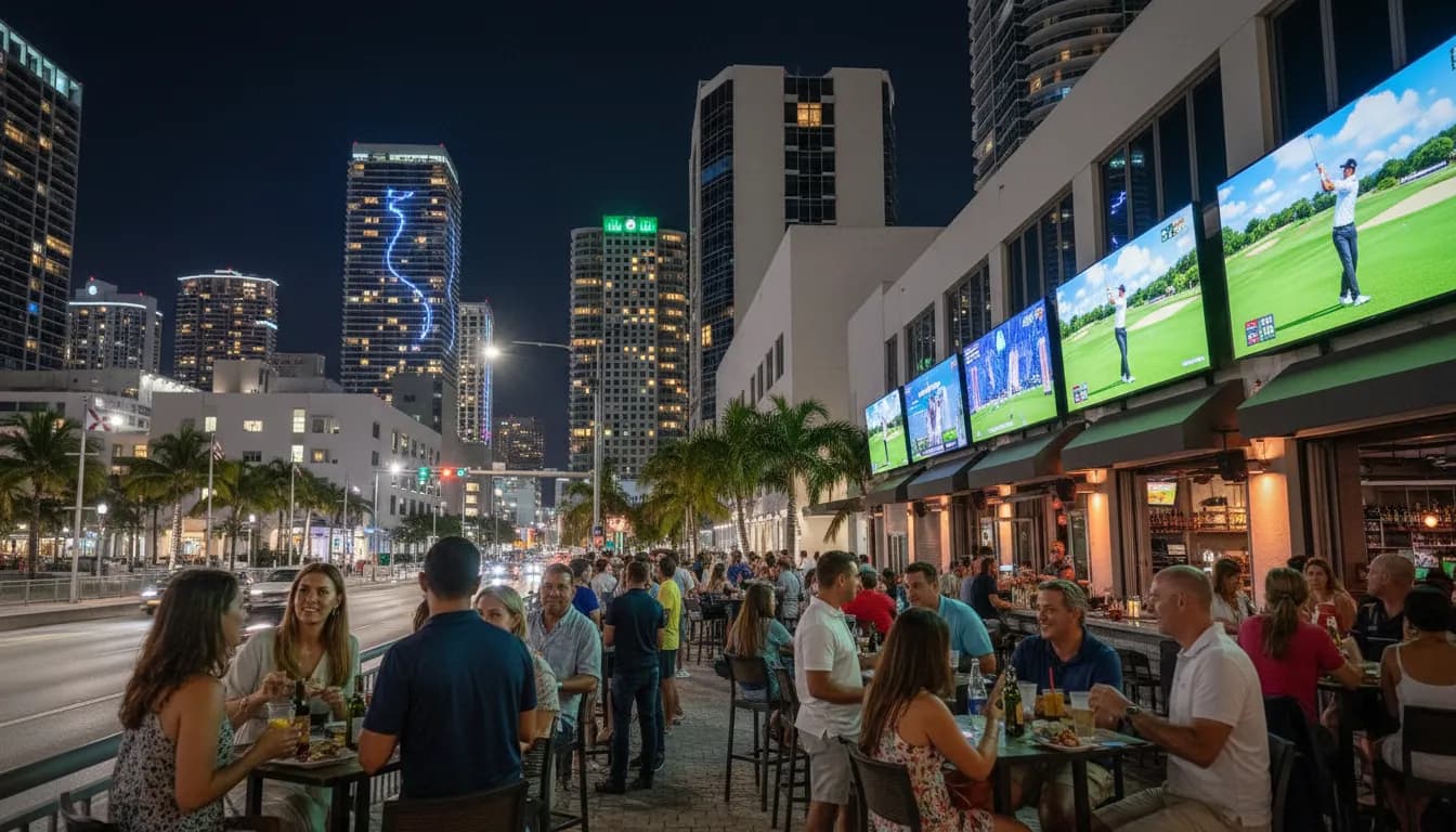 Miami Sports Social: Connecting Over the Game, Inspired by Charl Schwartzel's Precision — photorealistic Miami editorial scene