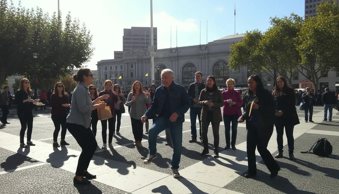 San Francisco Free Things To Do: Move Like Mick Jagger Age 83 Dance — photorealistic San Francisco editorial scene