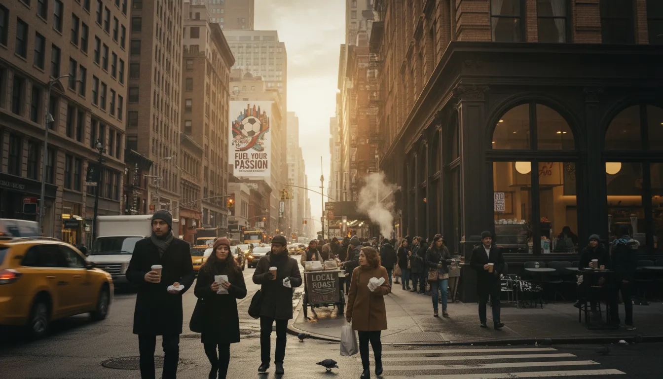 New York City Coffee & Dessert: Fueling Up Like Real Salt Lake Fans — photorealistic New York City editorial scene