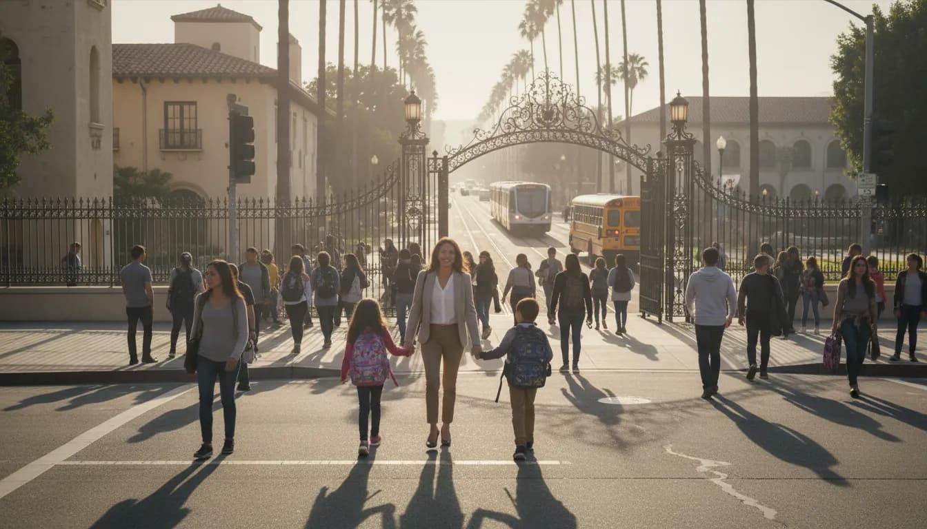 Los Angeles Back-to-School Readiness: A Smooth Transition Like Minnie Driver's Versatility — photorealistic Los Angeles editorial scene