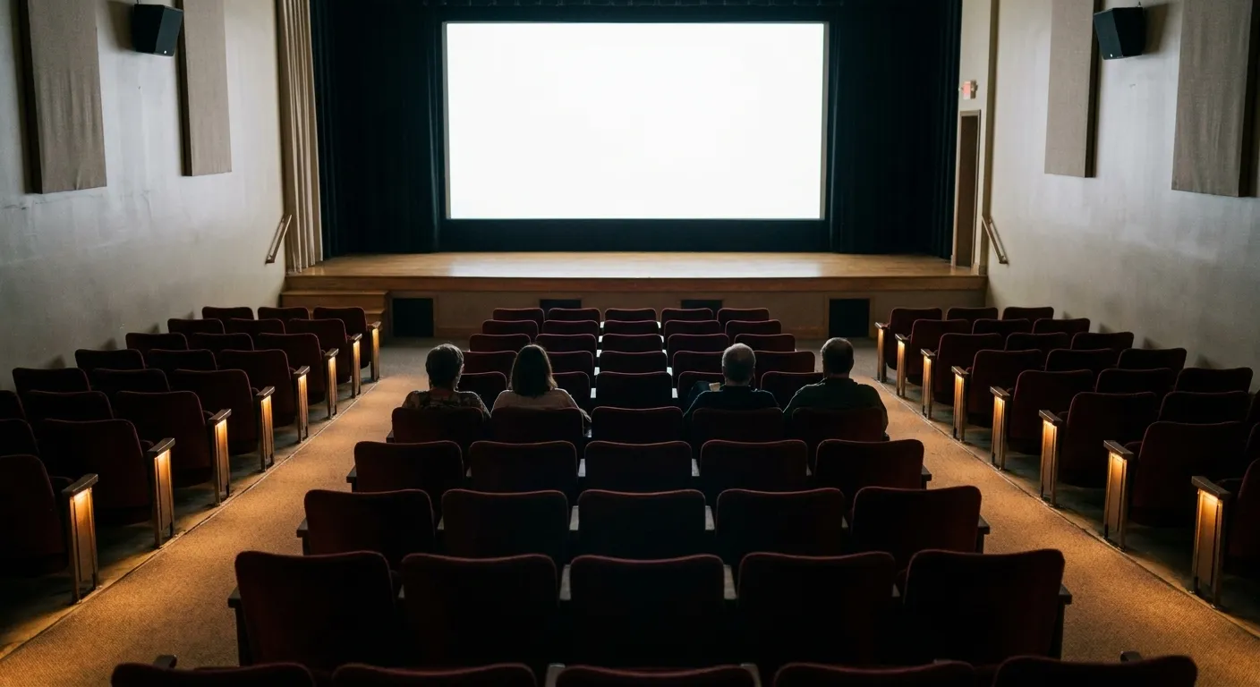 A small cinema auditorium seen from the back row, rows of red seats descending toward a blank lit screen