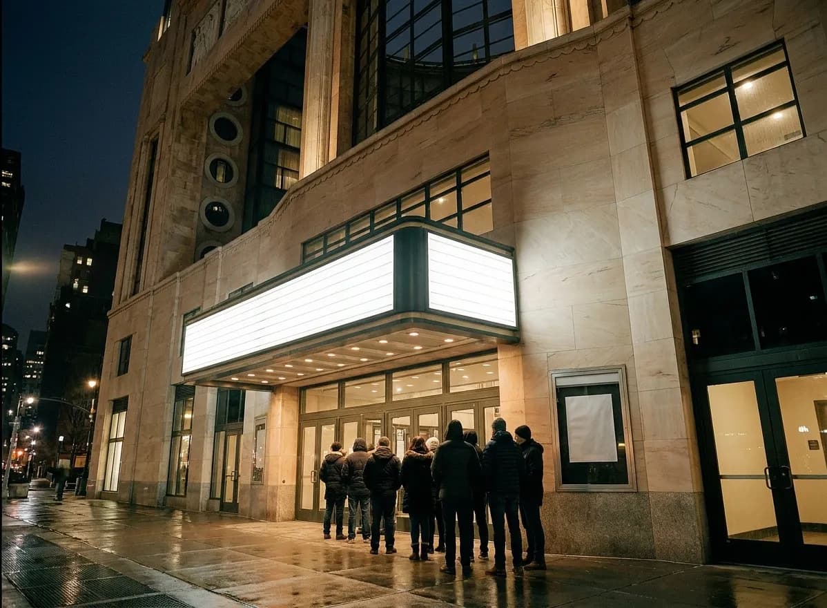 A cinema entrance on a downtown street at night, a lit blank marquee panel above the doors and a queue along the pavement