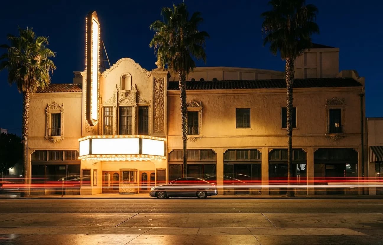 A historic Los Angeles cinema facade at night, a tall blank marquee lit from within and palms along the boulevard
