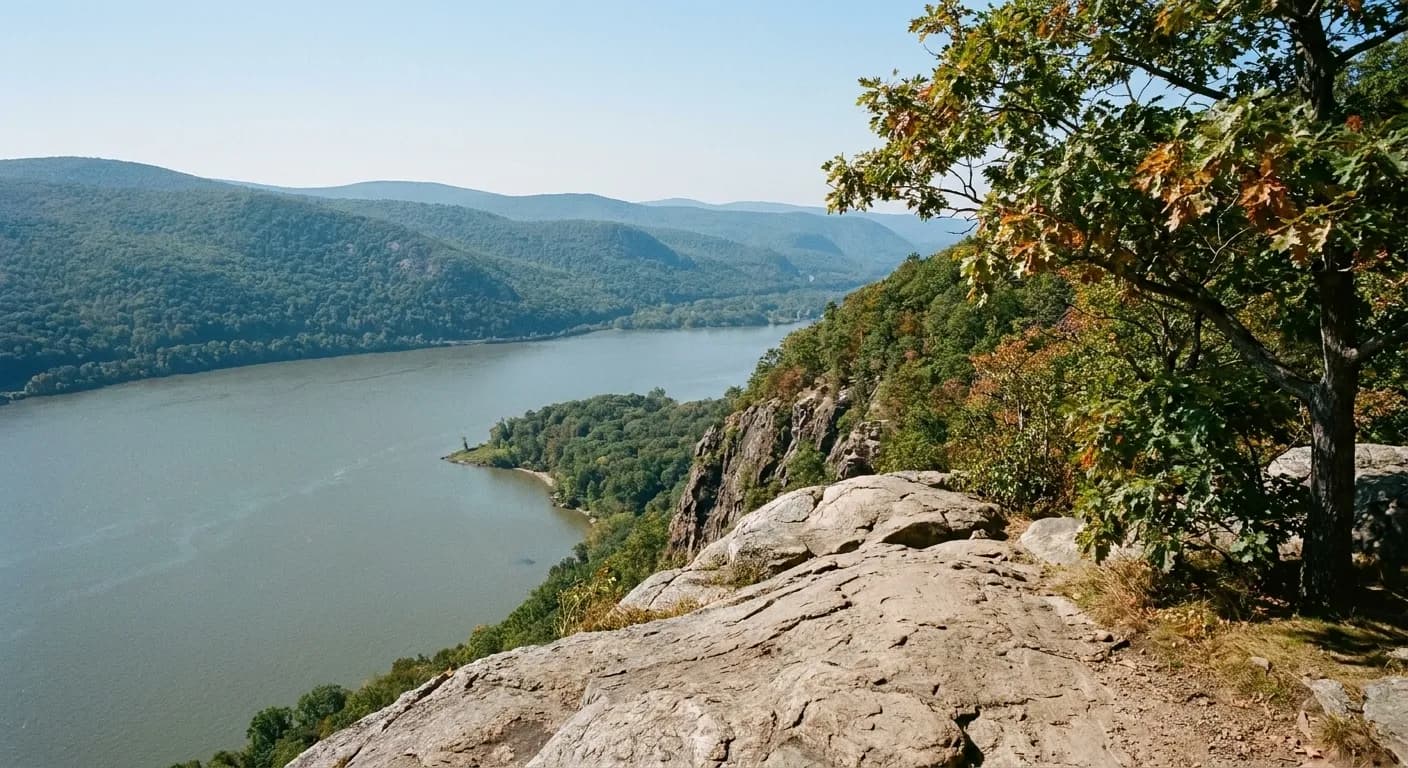 A river valley seen from a rocky overlook, a wide waterway below and forested hills receding into haze
