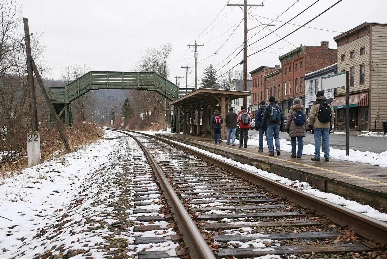 A small riverside station platform, a village street rising behind it and a footbridge over the tracks