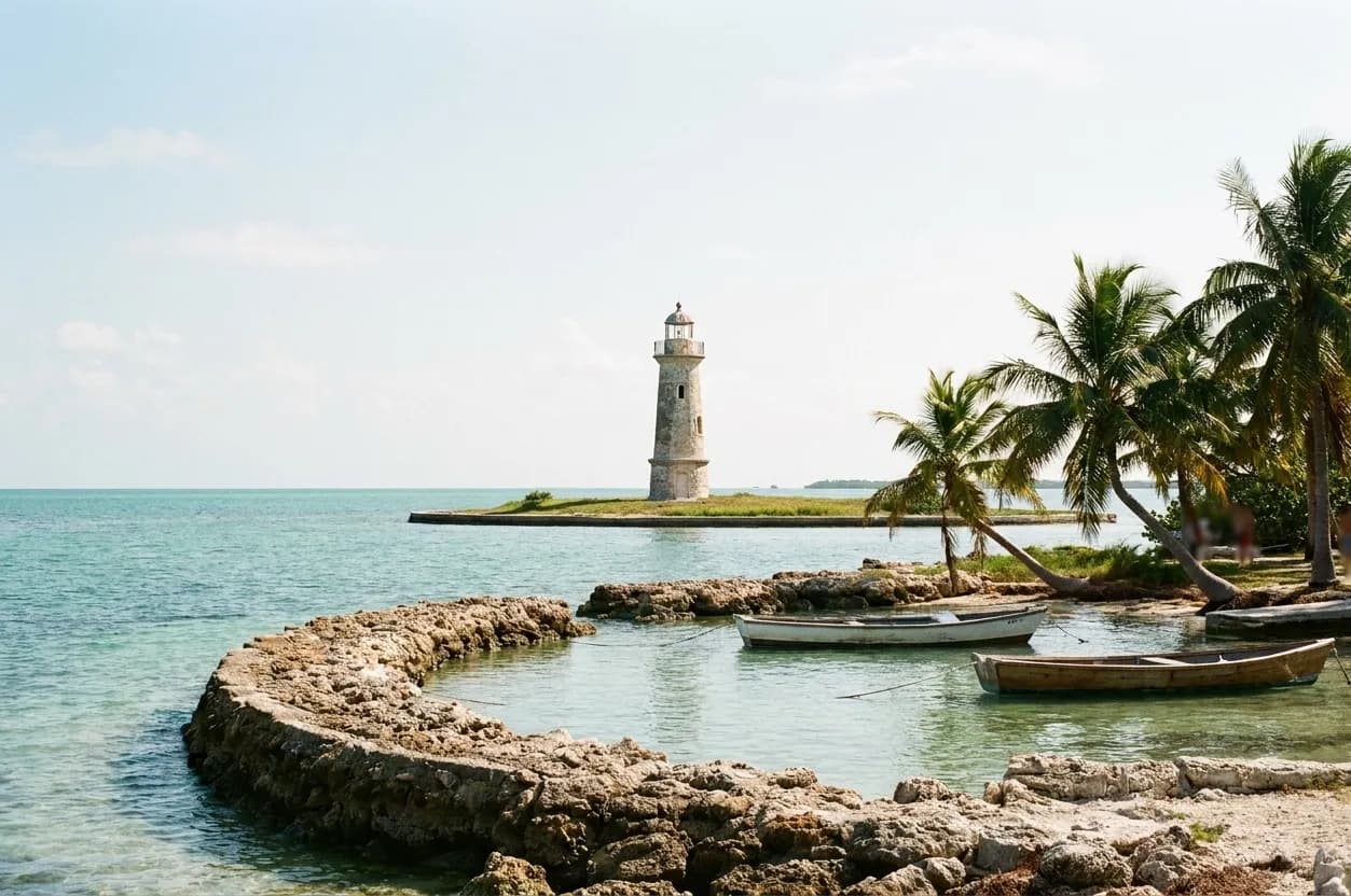 A small island harbour in a shallow turquoise bay, a stone ornamental lighthouse and low palms on the shoreline
