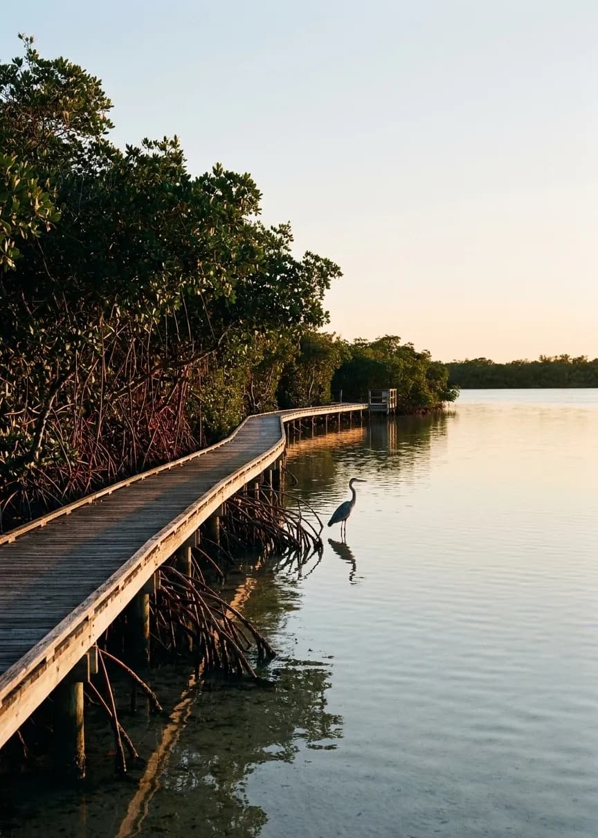 A mangrove shoreline with a boardwalk running along the water's edge, flat bay beyond