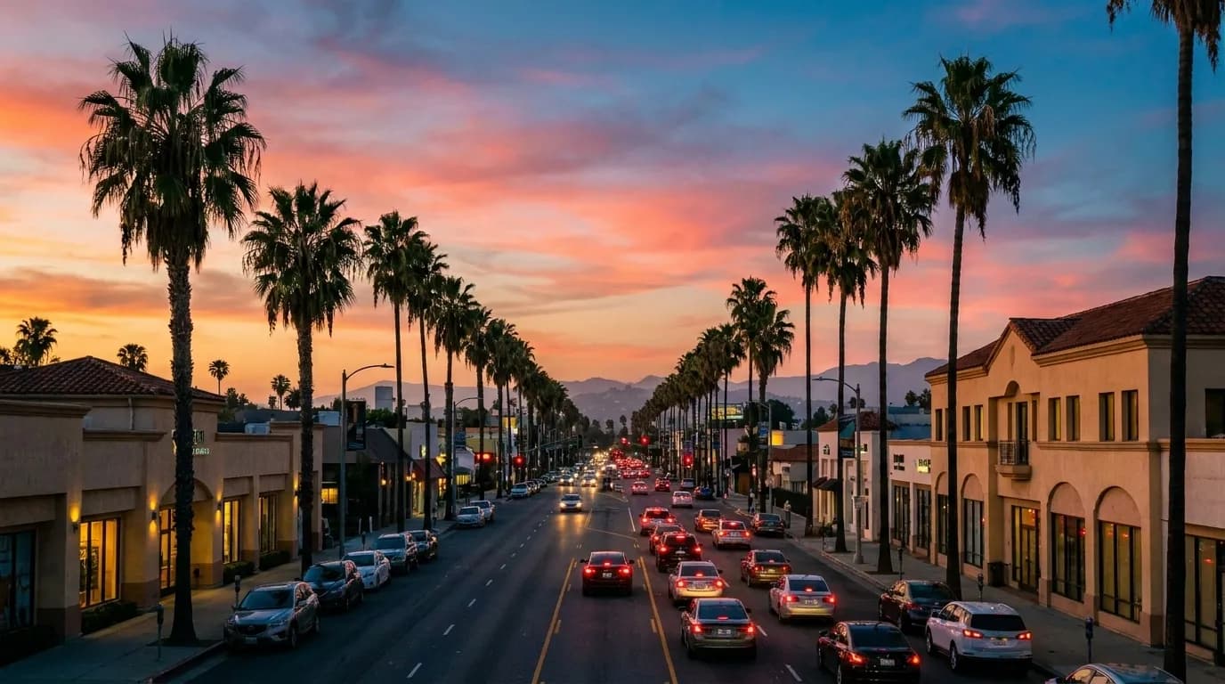 A Los Angeles boulevard lined with palm trees and traffic