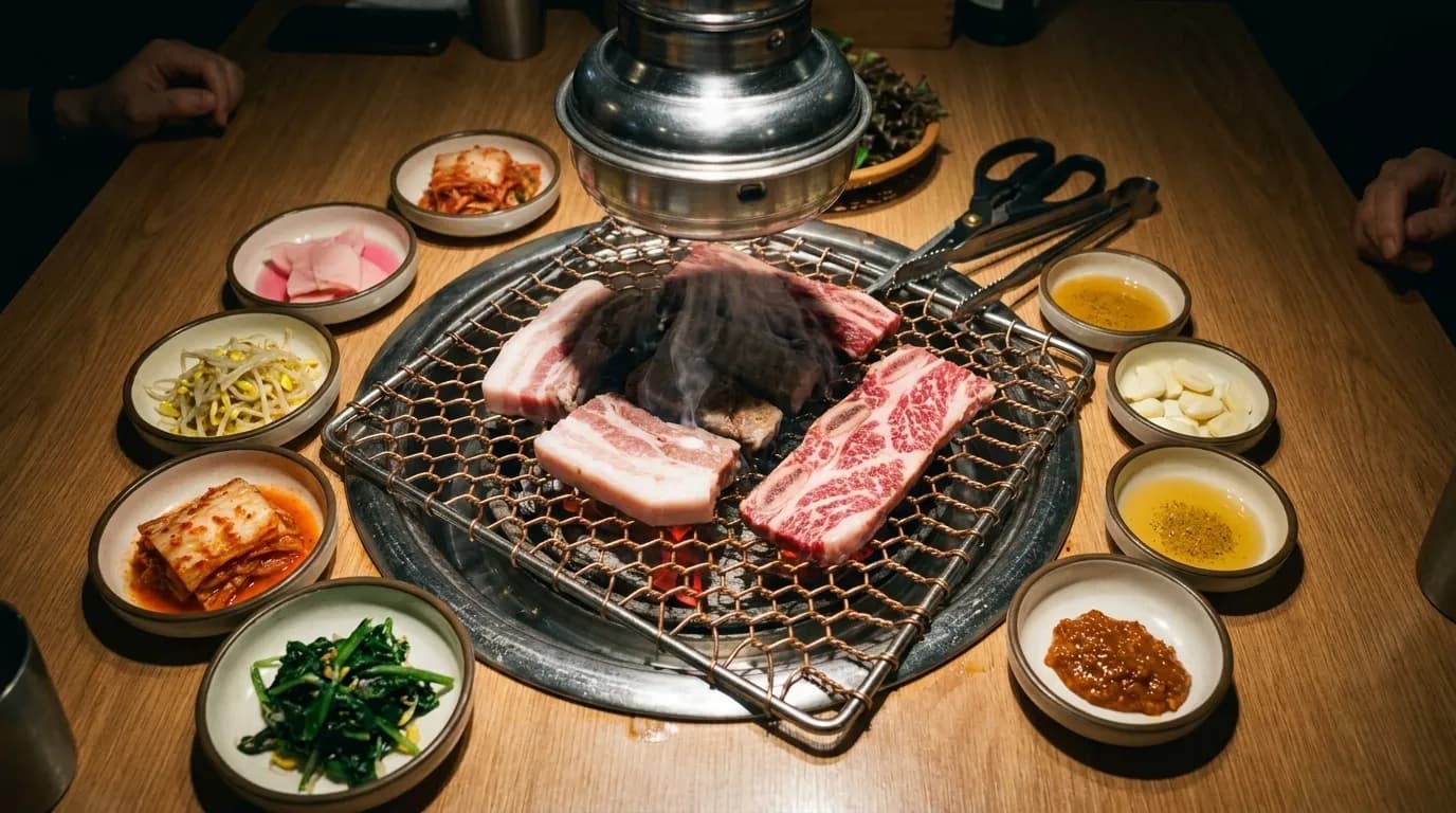 A Korean barbecue grill table with meat and side dishes