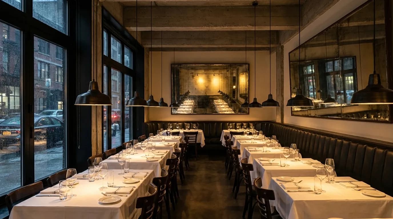 A restaurant dining room interior with set tables and warm light