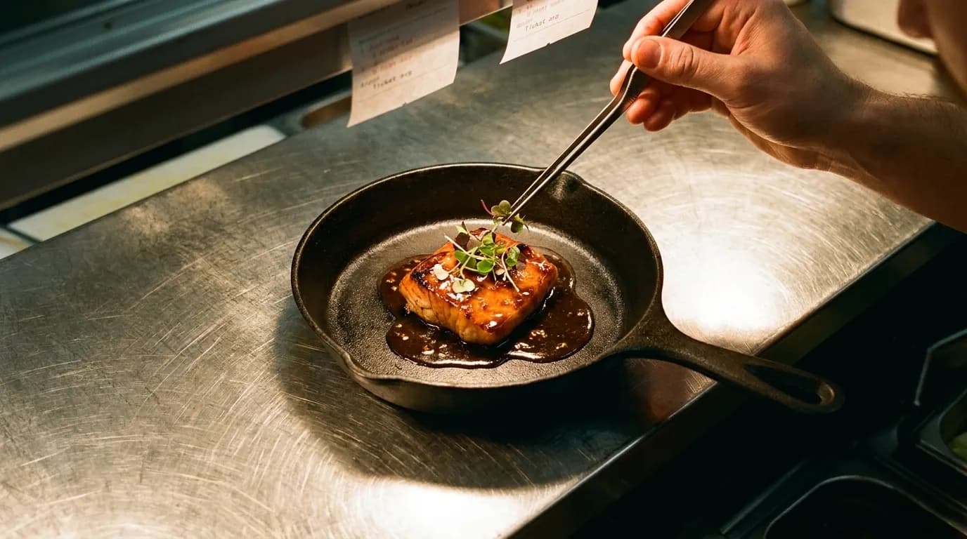 A plated dish being finished on a restaurant pass