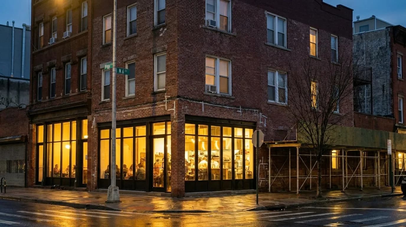 A Brooklyn corner building at dusk with a newly fitted restaurant glowing inside
