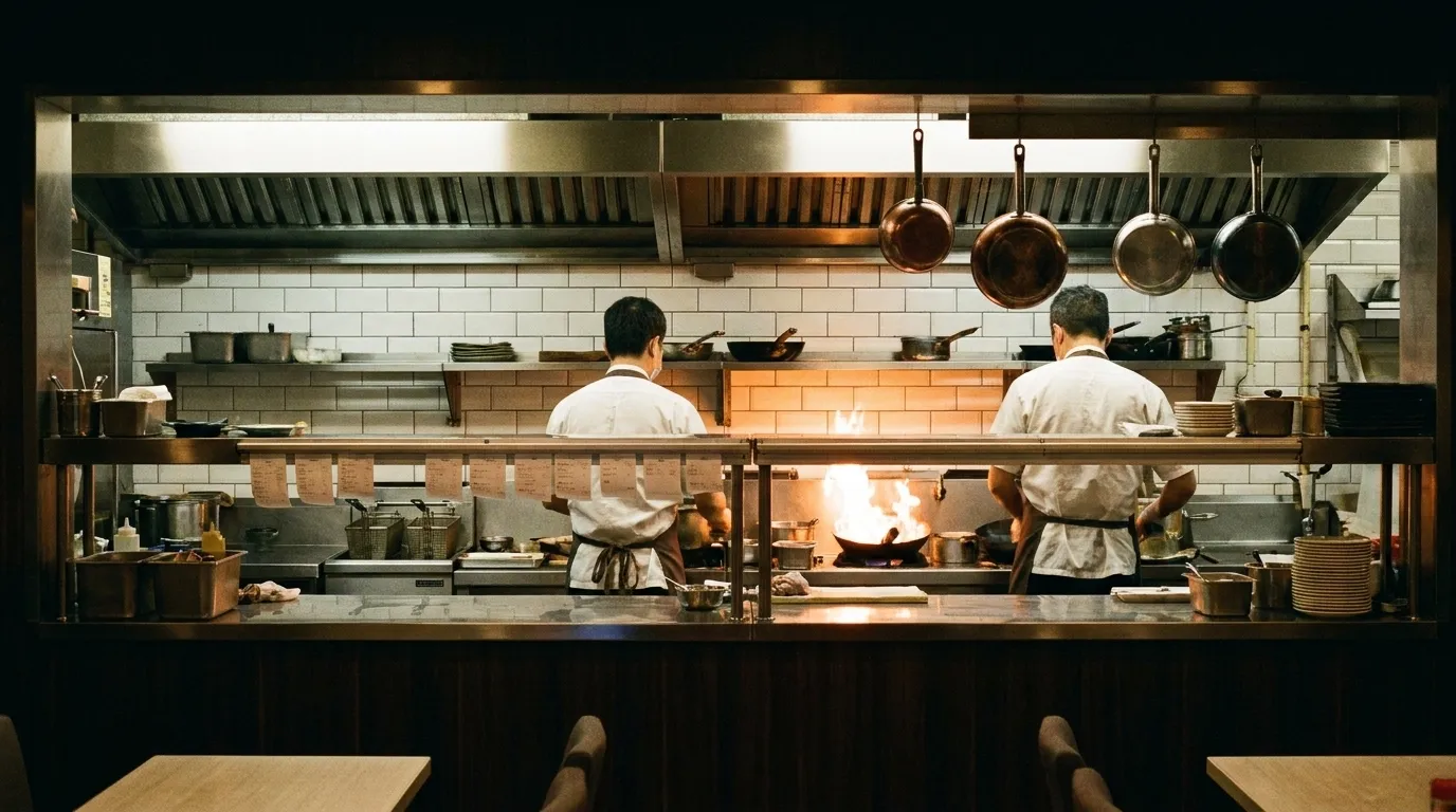 An open restaurant kitchen with cooks working at the pass
