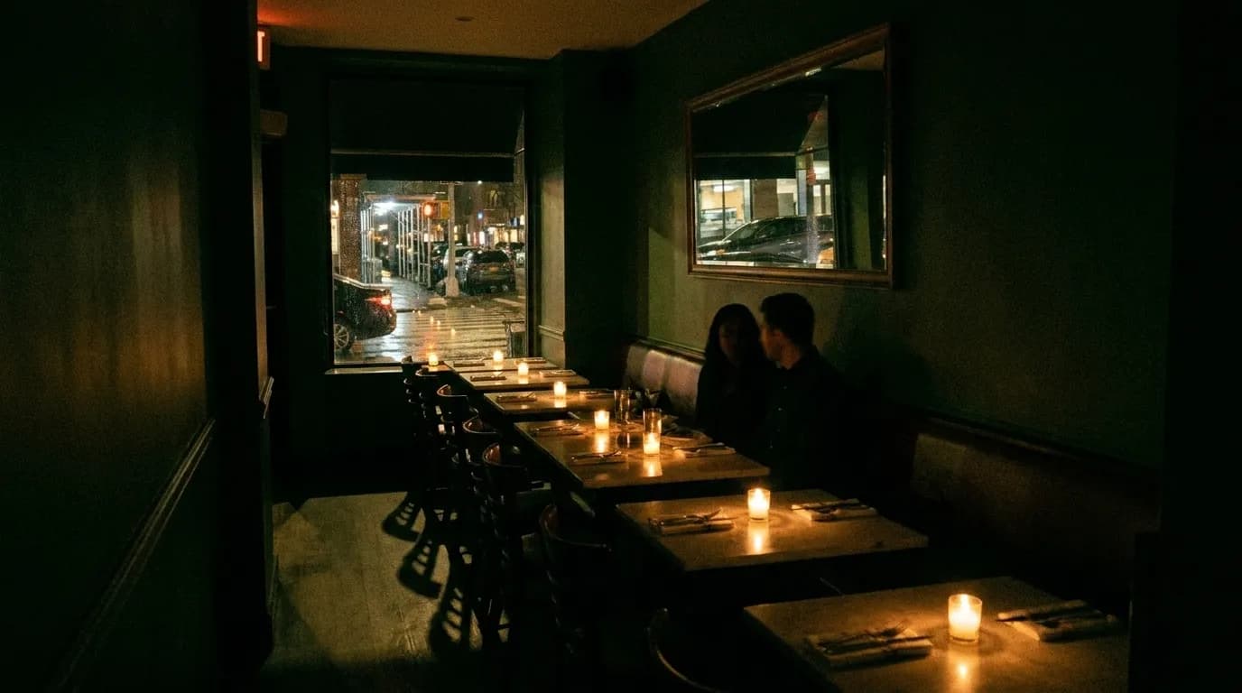 A small dark restaurant dining room lit by candles at night