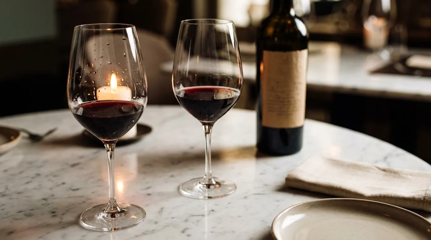 Two wine glasses on a marble table with a candle reflected in the stem