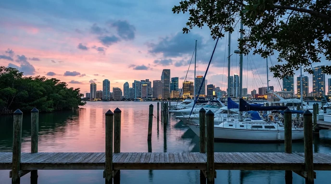 Biscayne Bay at dusk with the Miami skyline in silhouette across the water
