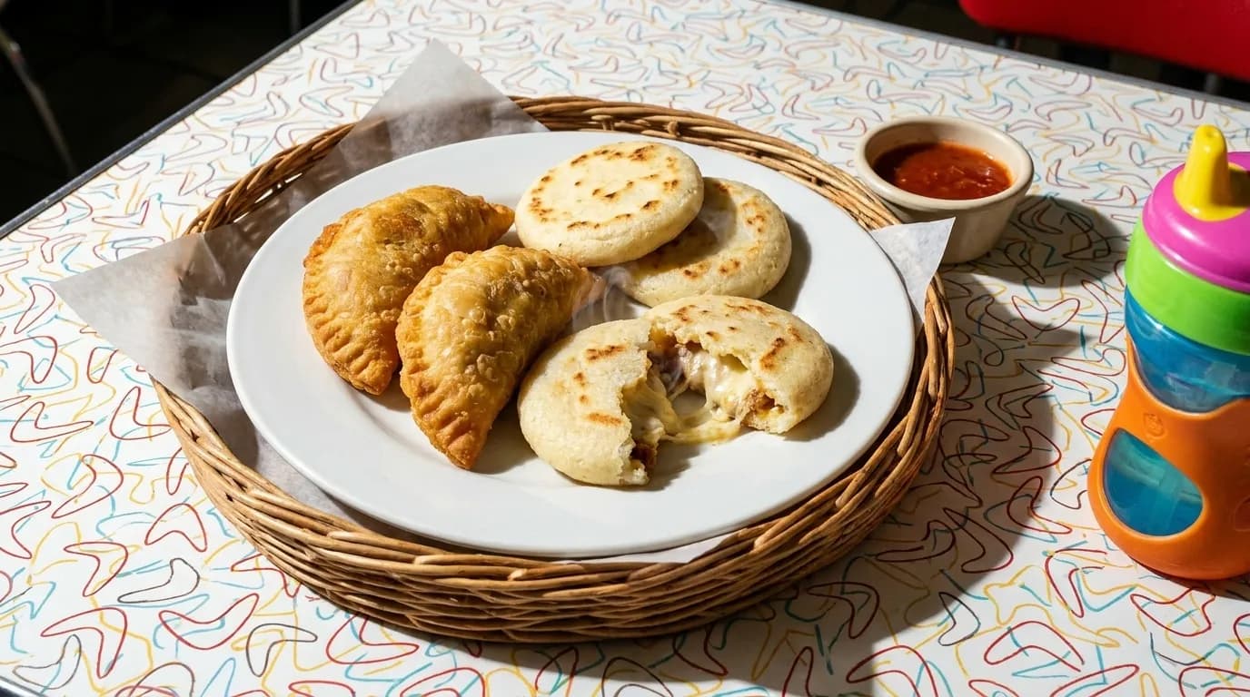 A basket of empanadas and arepas on a bright table