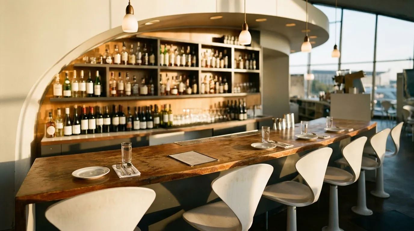 A restaurant bar counter with stools and place settings before service