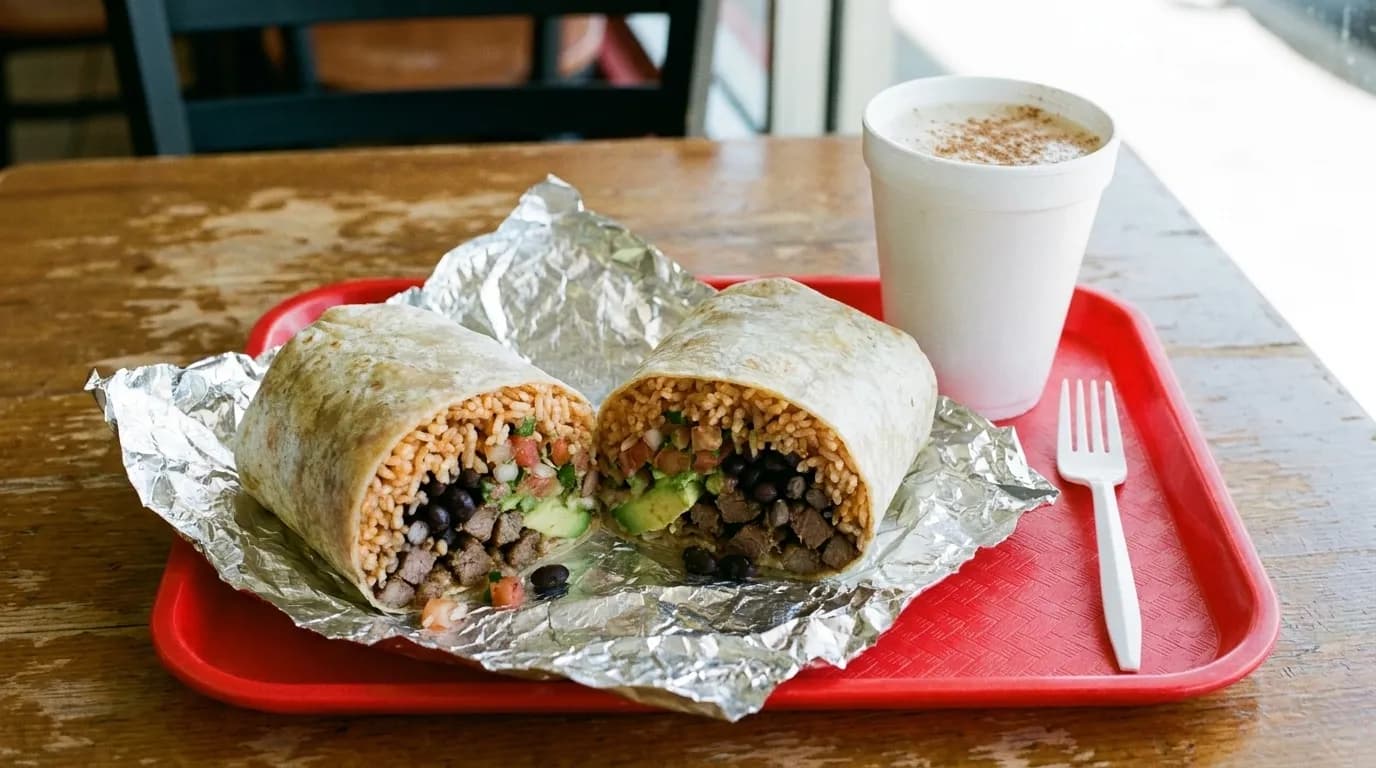 A Mission burrito cut in half on foil with a cup of horchata