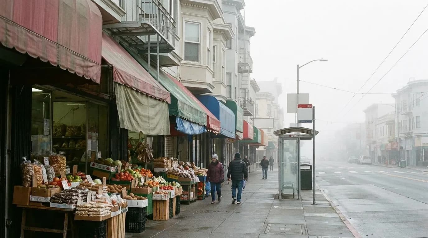 Clement Street in the Richmond with small shopfronts and awnings