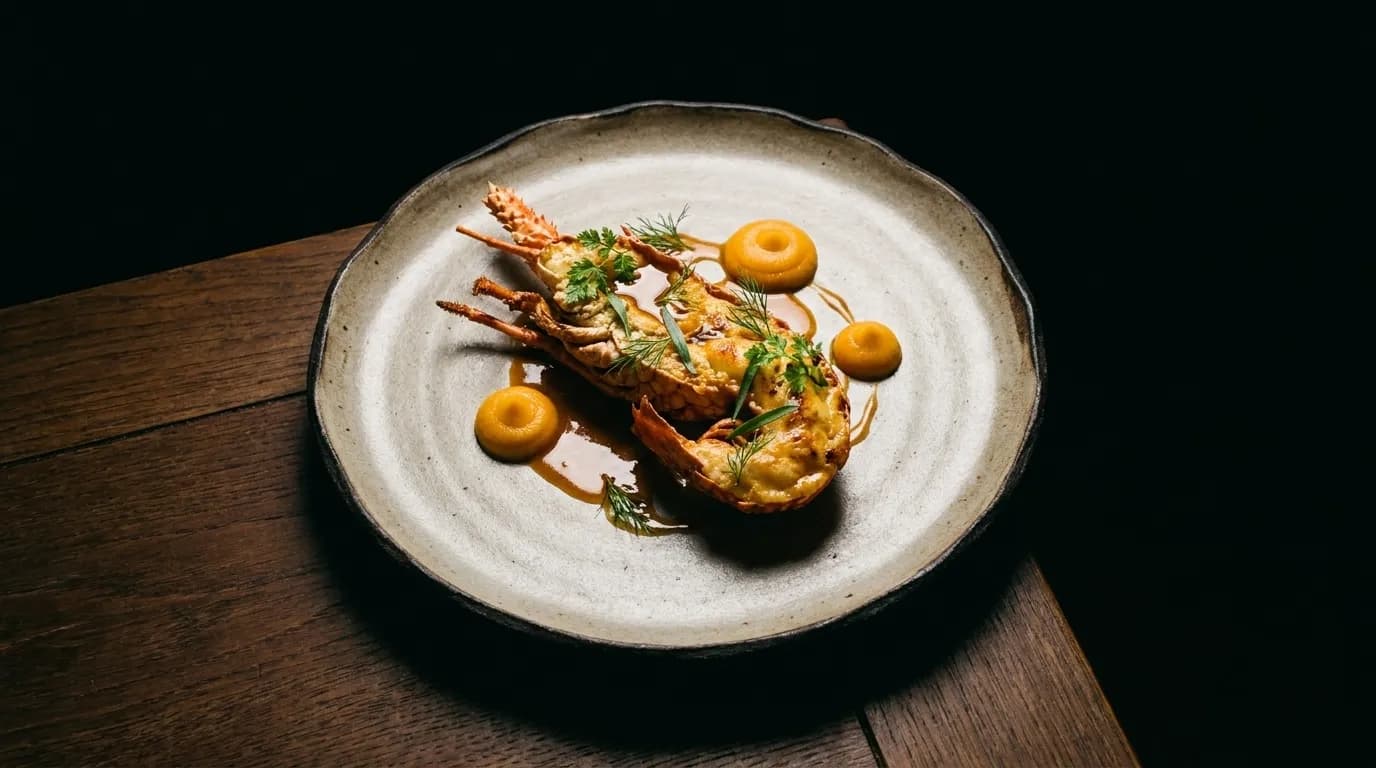 A single composed course on a matte ceramic plate under a spotlight