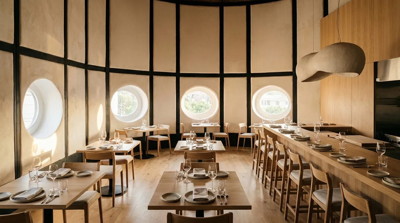 A small fine-dining room with a chef's counter set before service