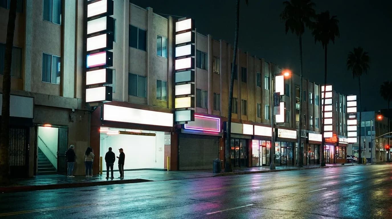 A Koreatown Los Angeles block at night with illuminated sign panels
