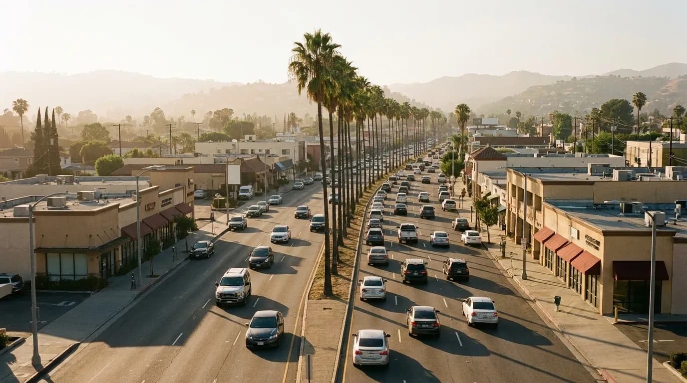 A Los Angeles arterial road with palms along the median in late afternoon