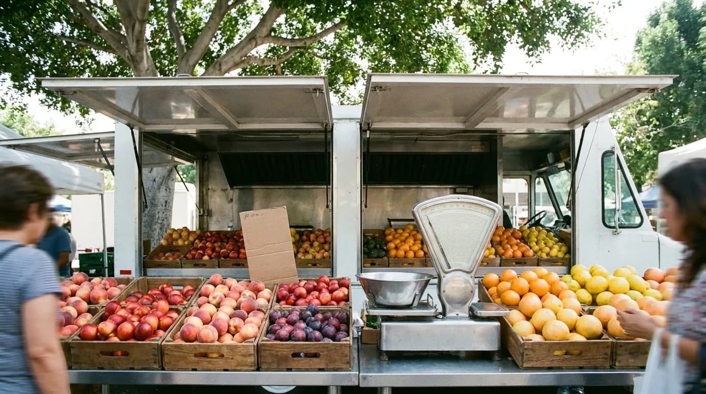A farmers market stall with crates of stone fruit under a canopy