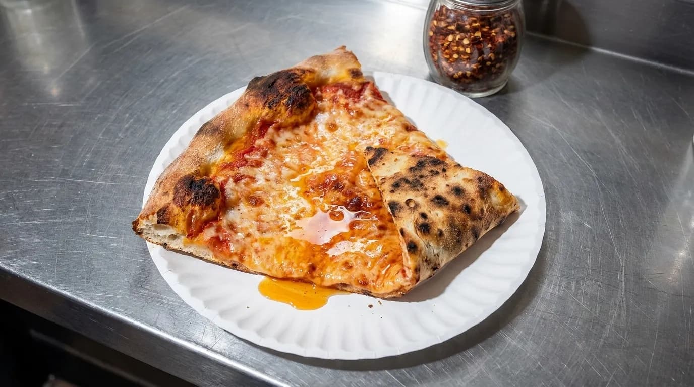 A single New York slice on a paper plate on a stainless counter