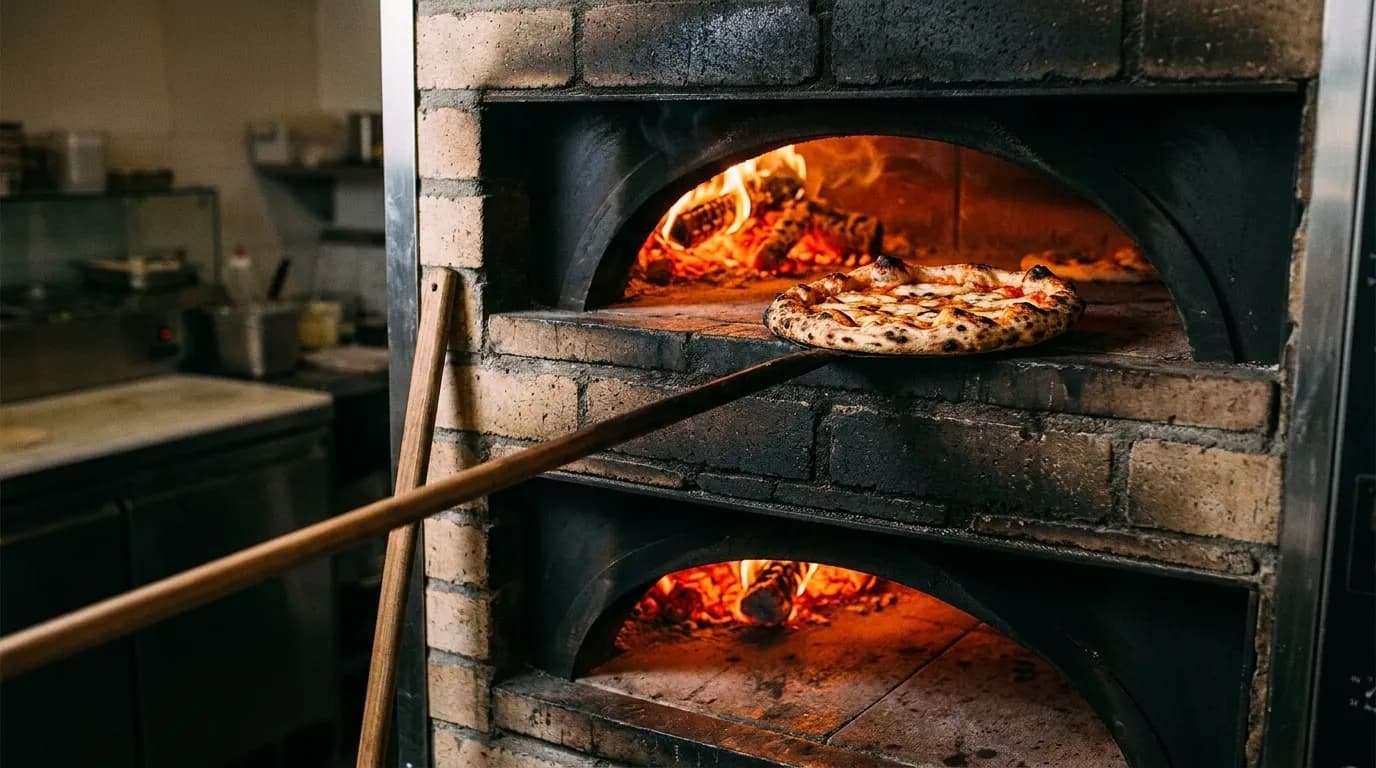 A coal-fired pizza oven with a pie mid-bake on the deck