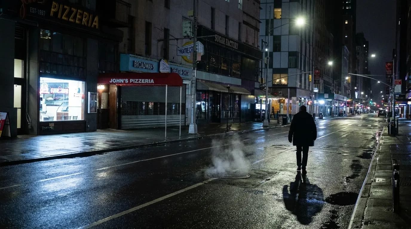 A Manhattan avenue at 2 AM with a lit pizzeria window on wet pavement