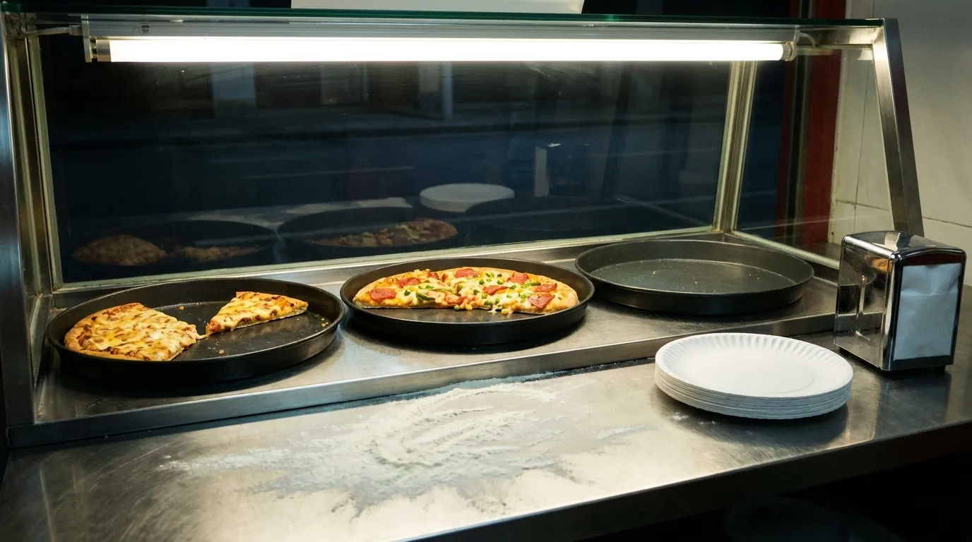 A pizzeria display case with trays of slices under a heat lamp