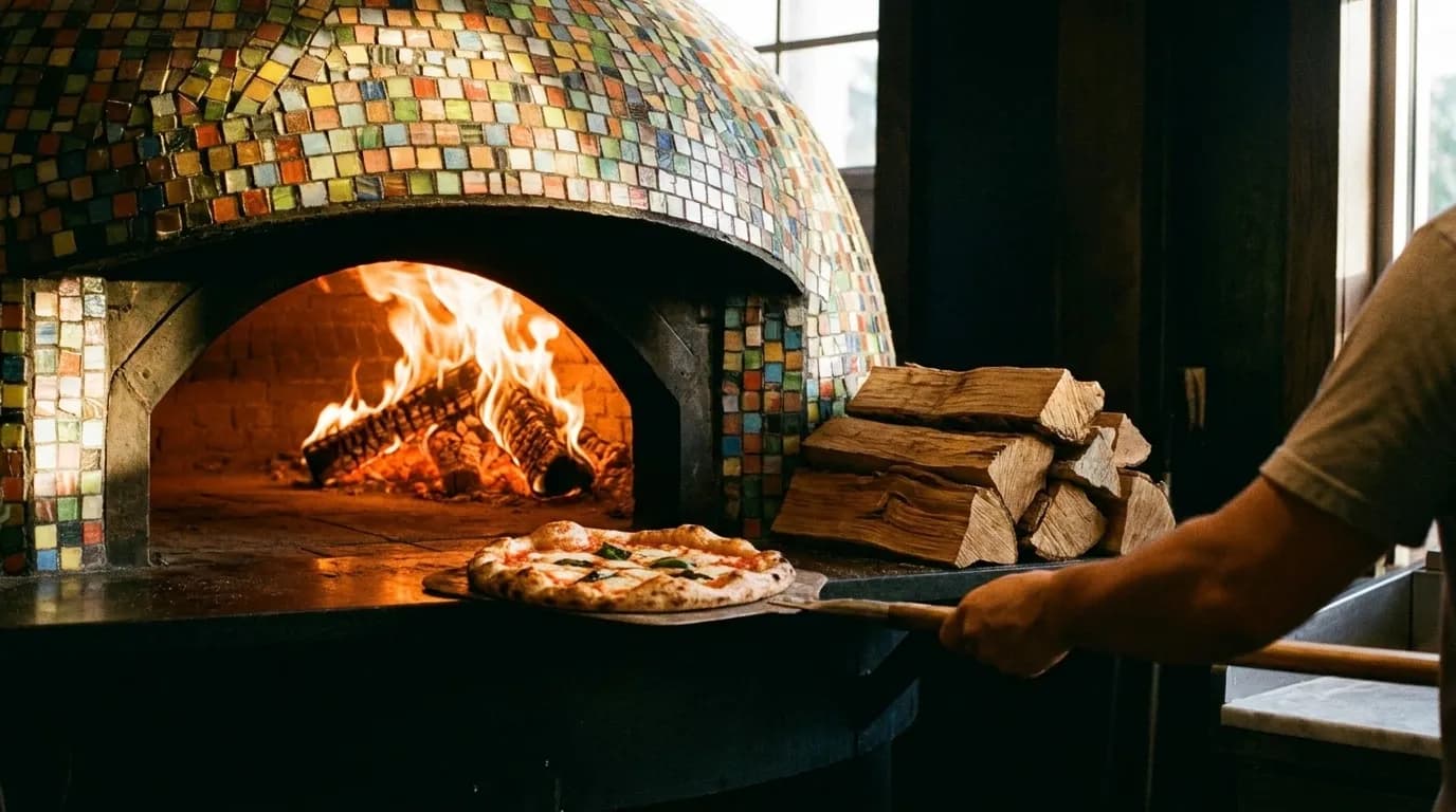 A wood-fired pizza oven with a pie on the oven floor and split oak beside it