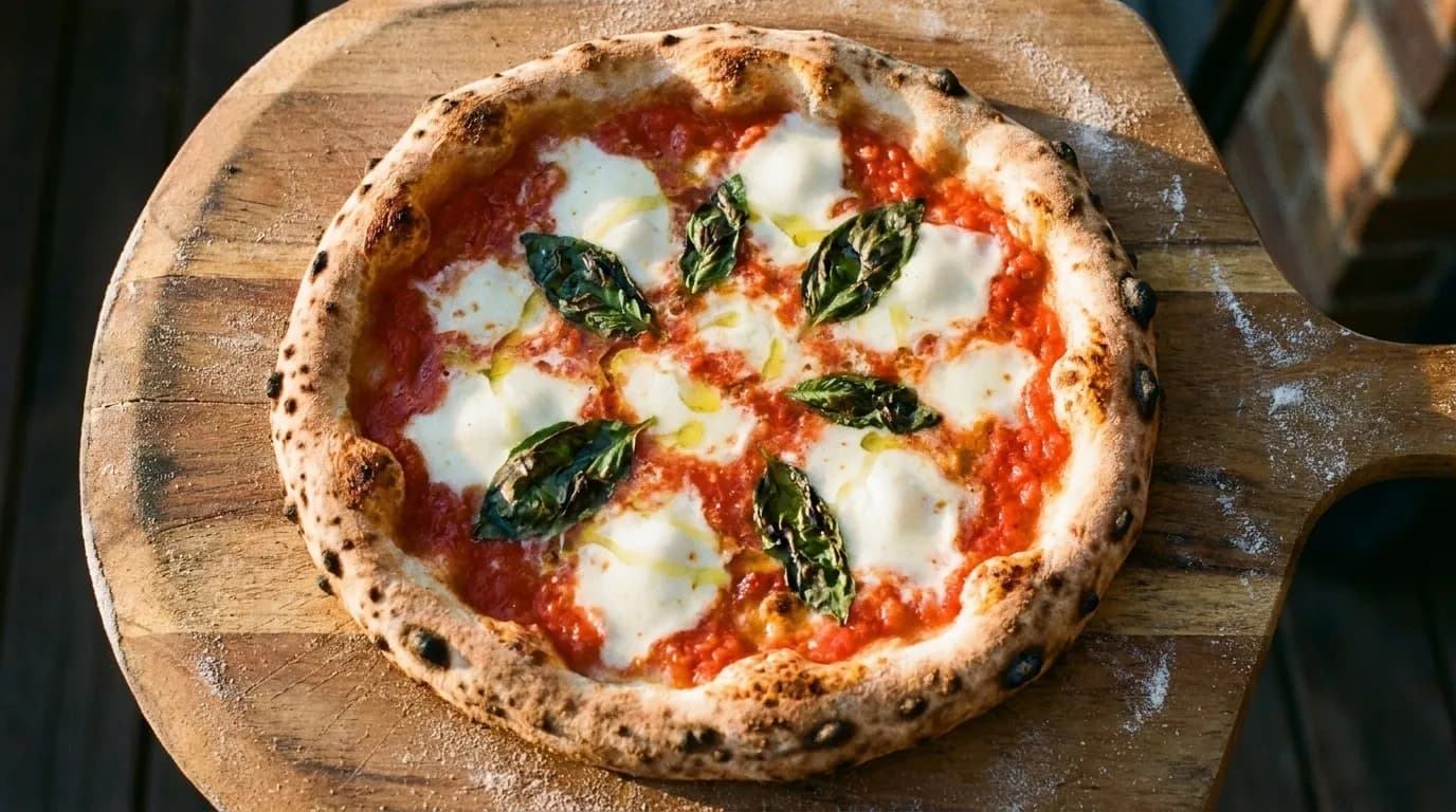 A Neapolitan margherita just out of the oven on a wooden peel