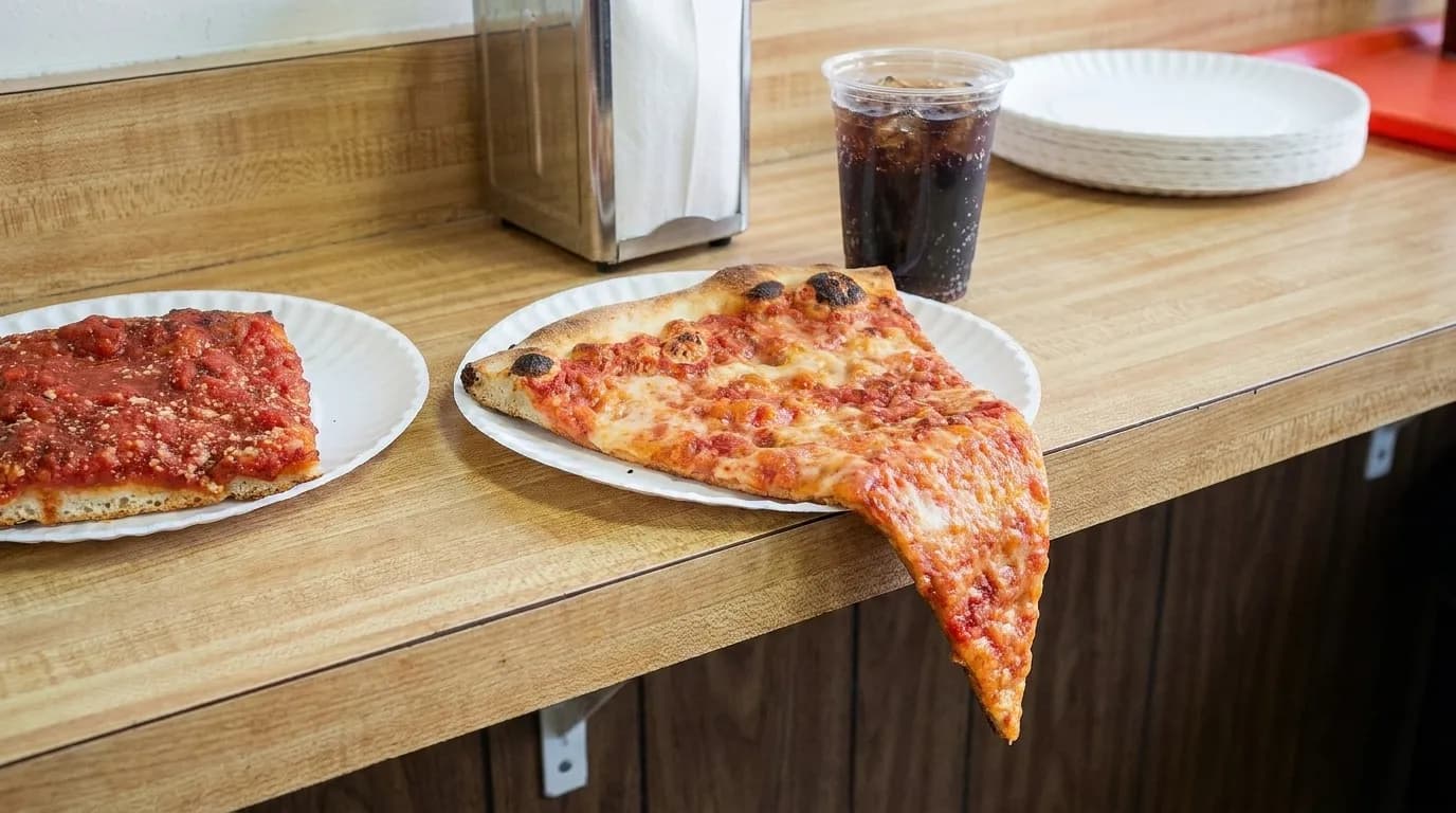 An oversized cheese slice on a thin paper plate on a laminate counter