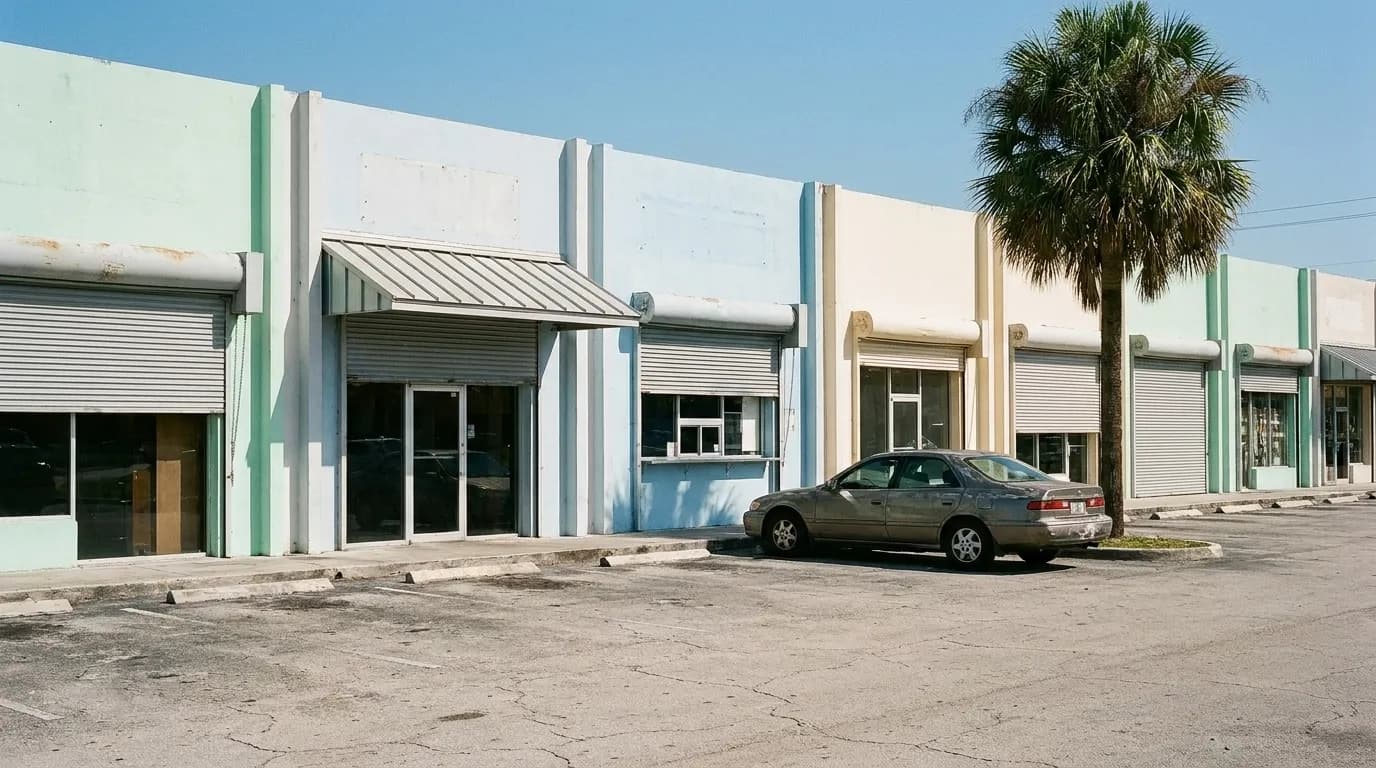 A row of single-storey shopfronts in Hialeah at midday