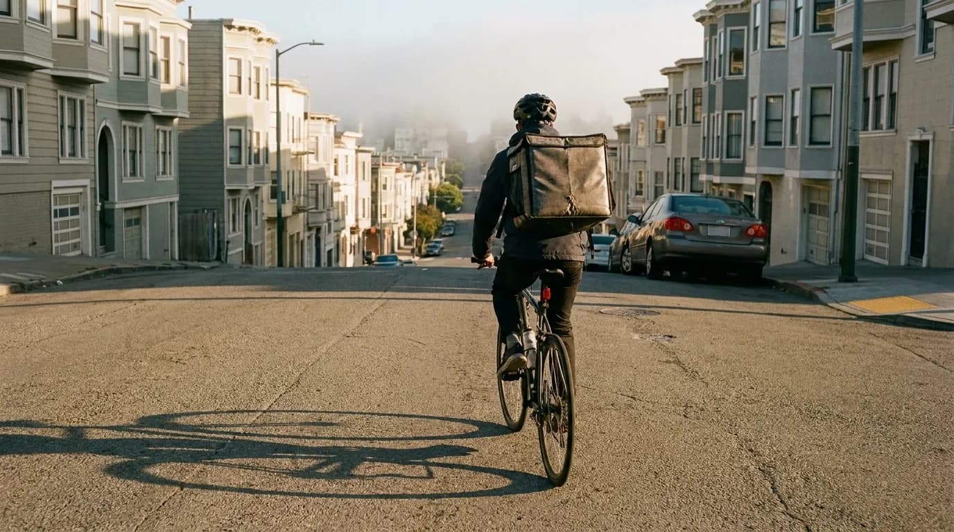 A cyclist with an insulated bag climbing a San Francisco street in late light