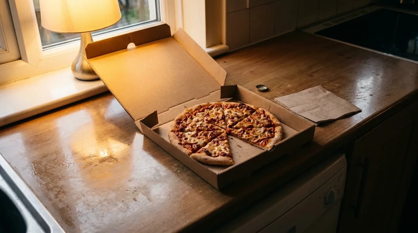 An open pizza box on a kitchen worktop with the pie cut into six