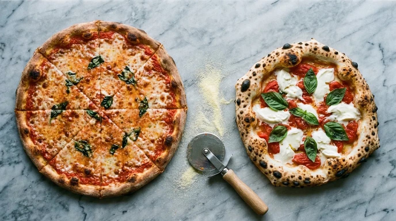 A wide New York pie and a small Neapolitan pie side by side on marble