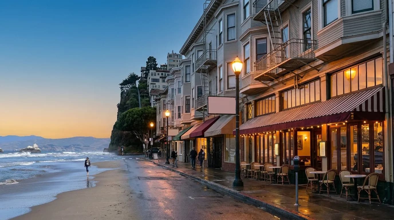 A North Beach San Francisco street in early evening with awnings and fire escapes