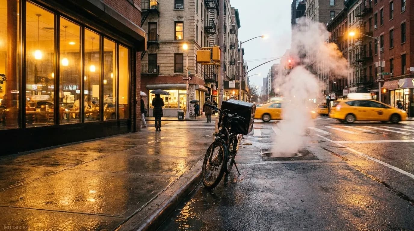 A Manhattan street at night with a lit restaurant window and passing traffic