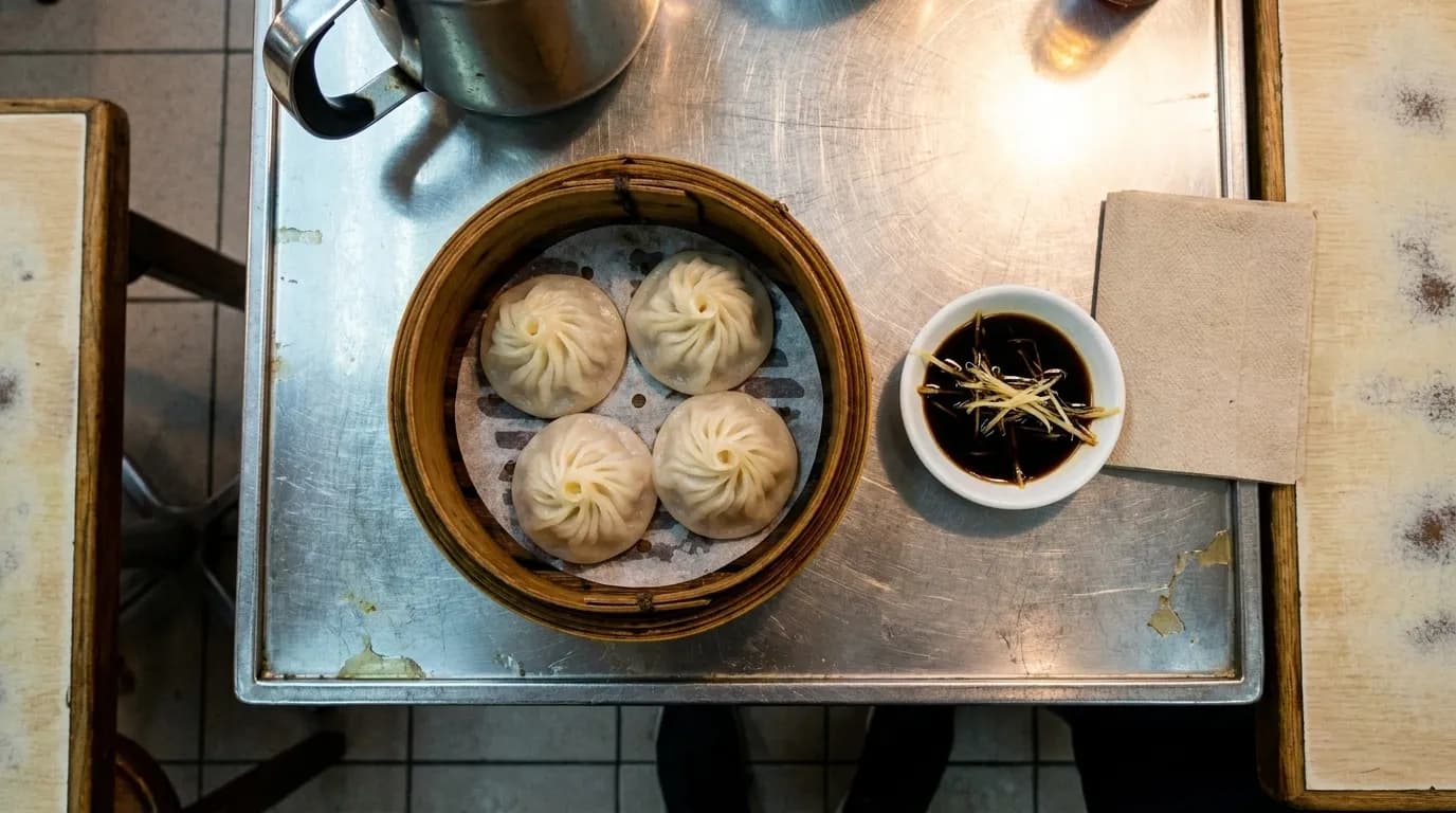Three dumplings in a bamboo steamer basket on a counter