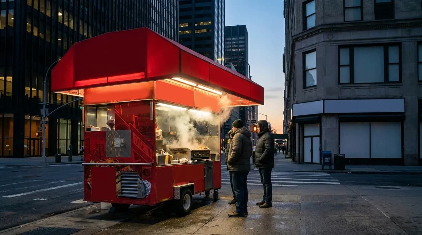 A halal food cart on a New York City street corner at dusk