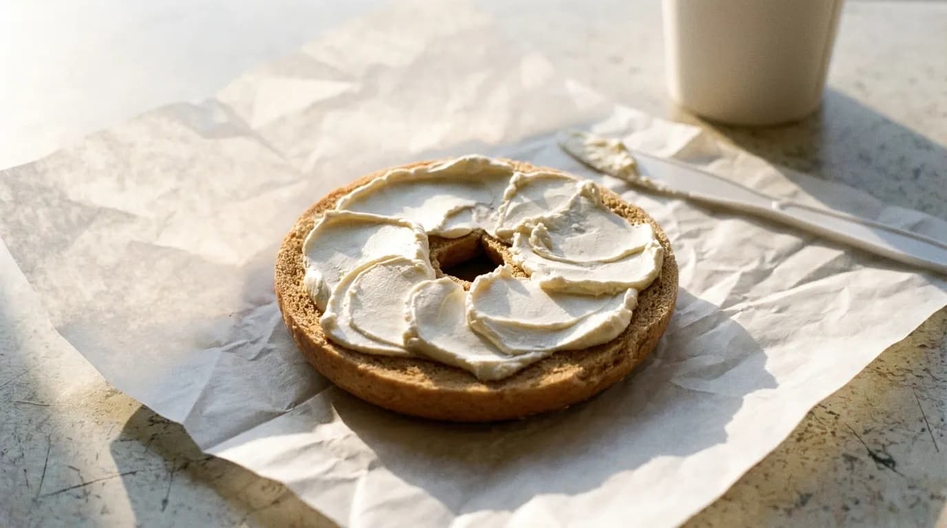 A bagel with cream cheese on paper at a bakery counter