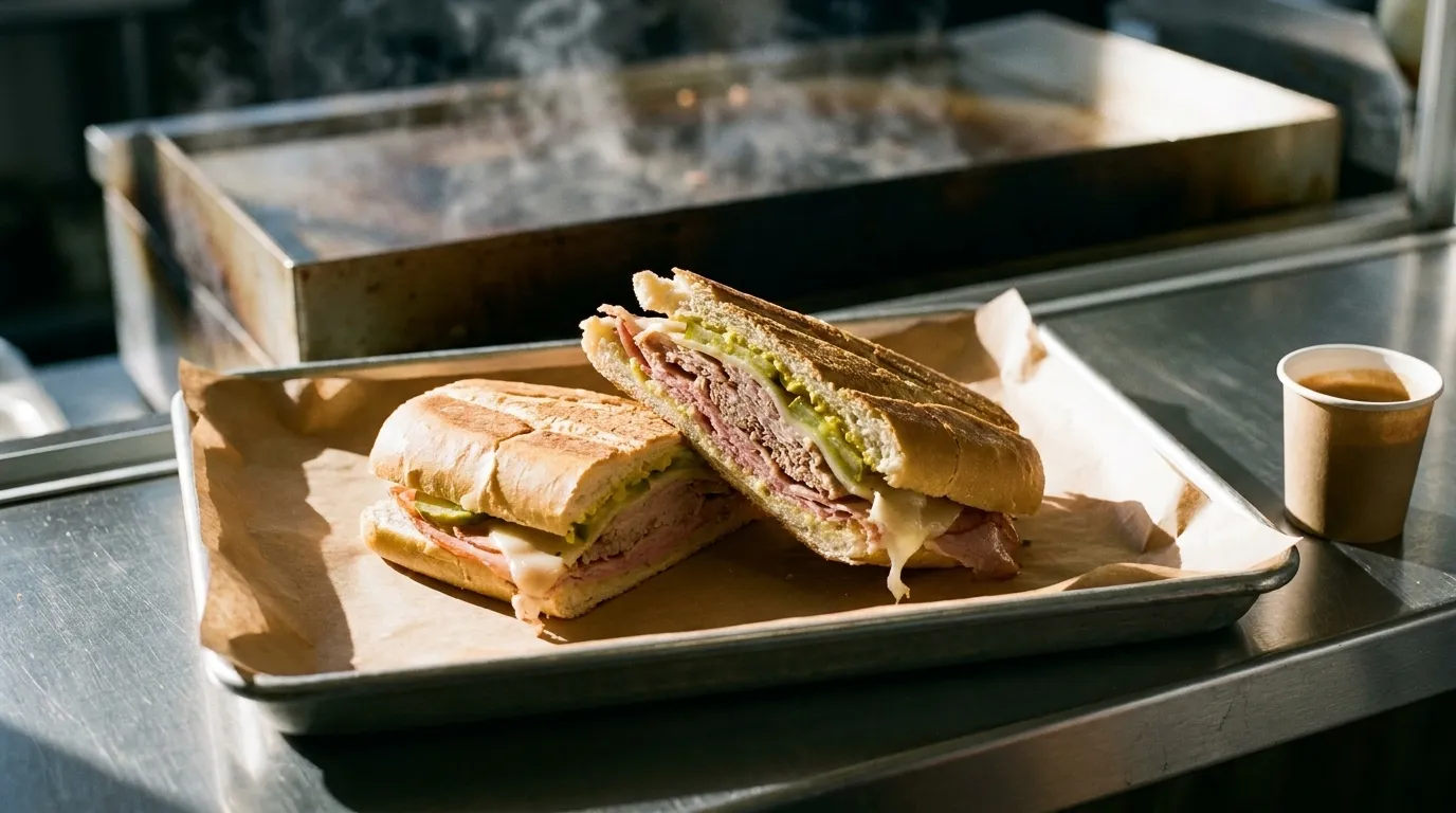 A Cuban sandwich pressed and cut on a counter